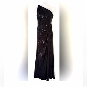 David Meister Maxi Dress NWOT Black Sequin One Shoulder Evening Gown size 6
